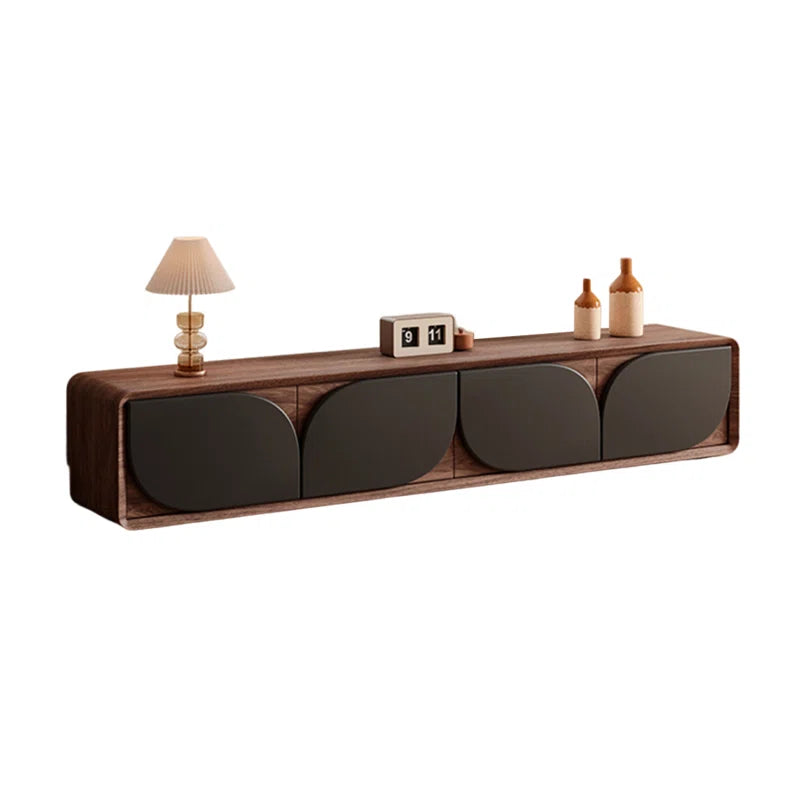 Luxury American Walnut Wood TV Cabinet with Modern Minimalist Design – Imported Media Console Unit | Contemporary TV Cabinet with Black Curved Doors | Media Console for Elegant Living Rooms