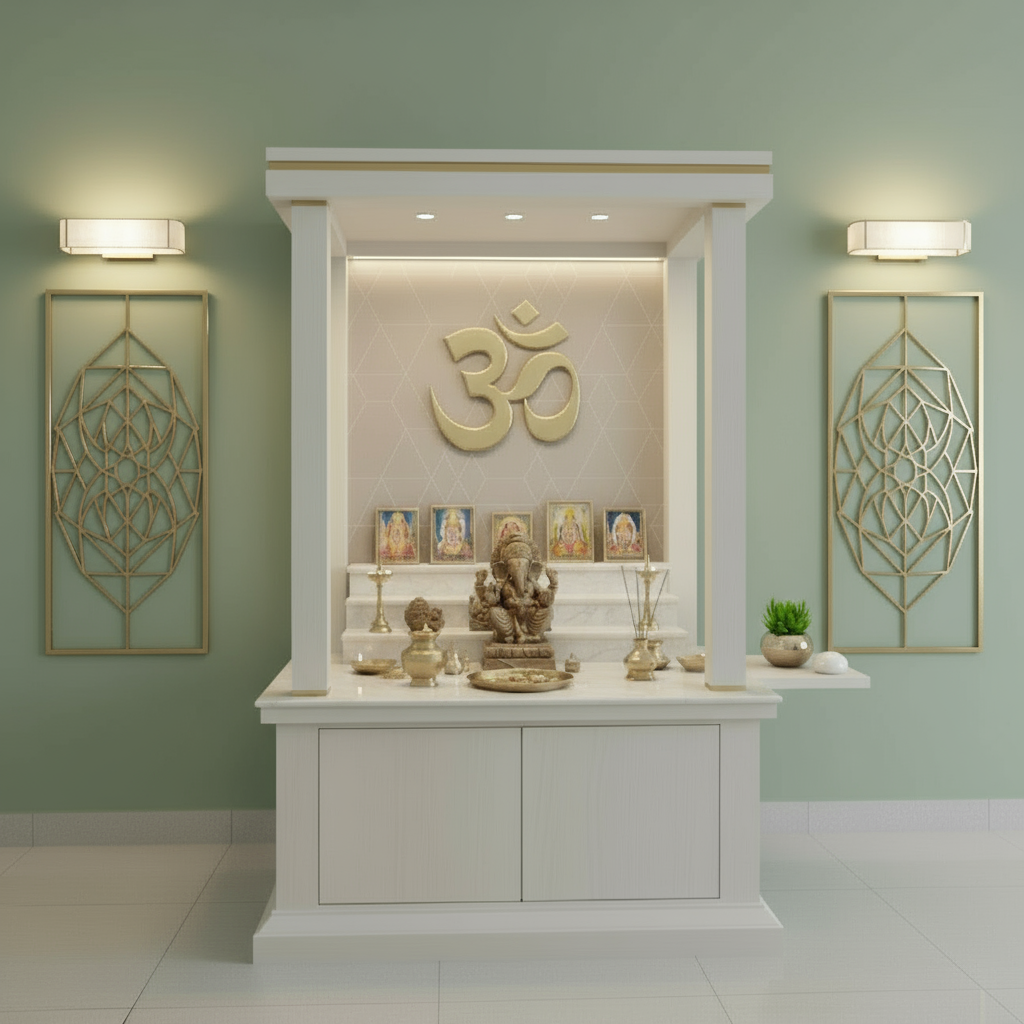 Stylish pooja mandir with soft green background, golden Om wall art, and marble finish platform – contemporary wooden temple for modern homes.