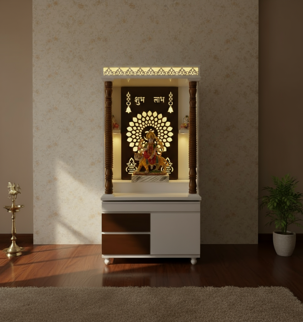 Modern white and brown mandir design with glowing back panel and traditional wooden pillars.