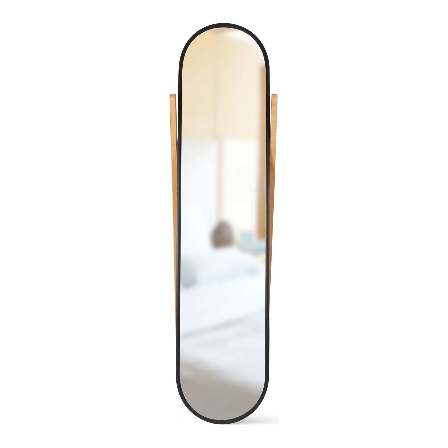 Modern full length floor mirror with black frame and natural wood ladder stand