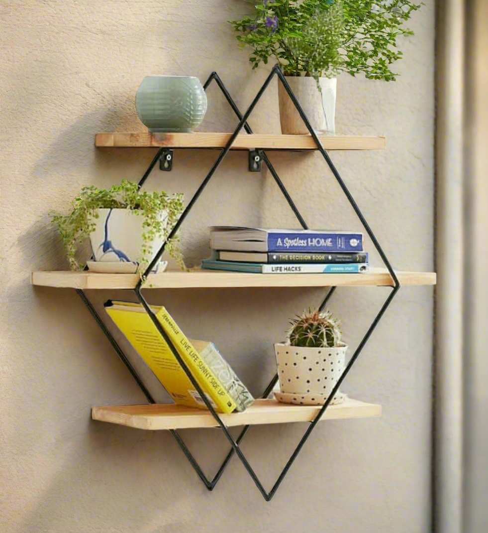 Modern Geometric Wall Shelf – Stylish Wooden and Metal Storage for Home Décor