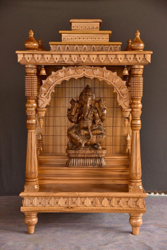 Handcrafted Solid Teakwood Pooja Mandir for Home | Traditional Indian Temple with Carved Pillars & Bells