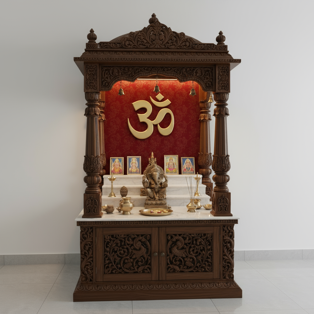 Traditional solid wood temple with detailed carved pillars and floral motifs, featuring marble steps and golden OM symbol.
