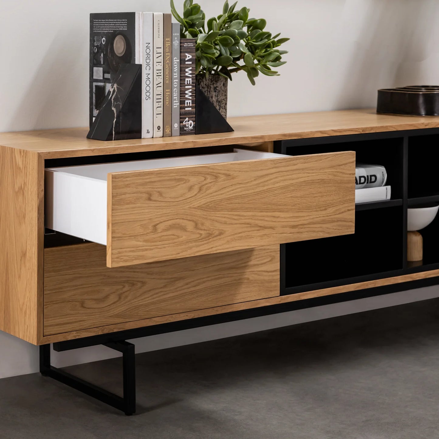 Modern TV Cabinet with Black and Wooden Finish - Stylish Media Console with Storage Shelves and Drawers