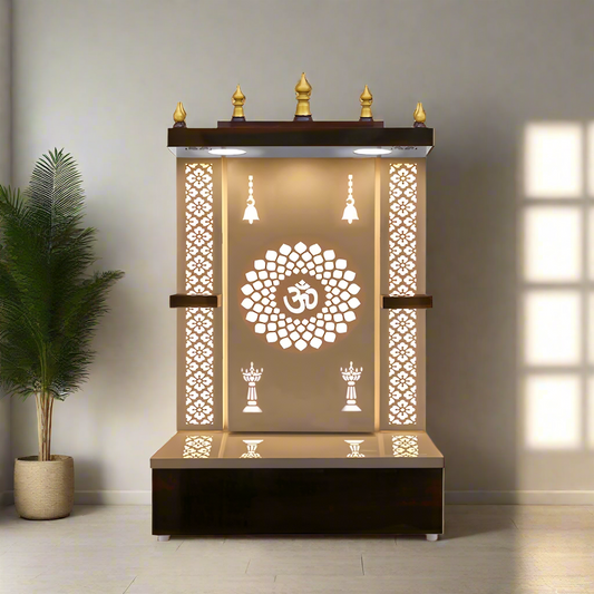 A sleek and modern wooden pooja mandir with a glowing LED Om symbol, glass panel sides, and a pull-out drawer for storage. Ideal for compact home temples.