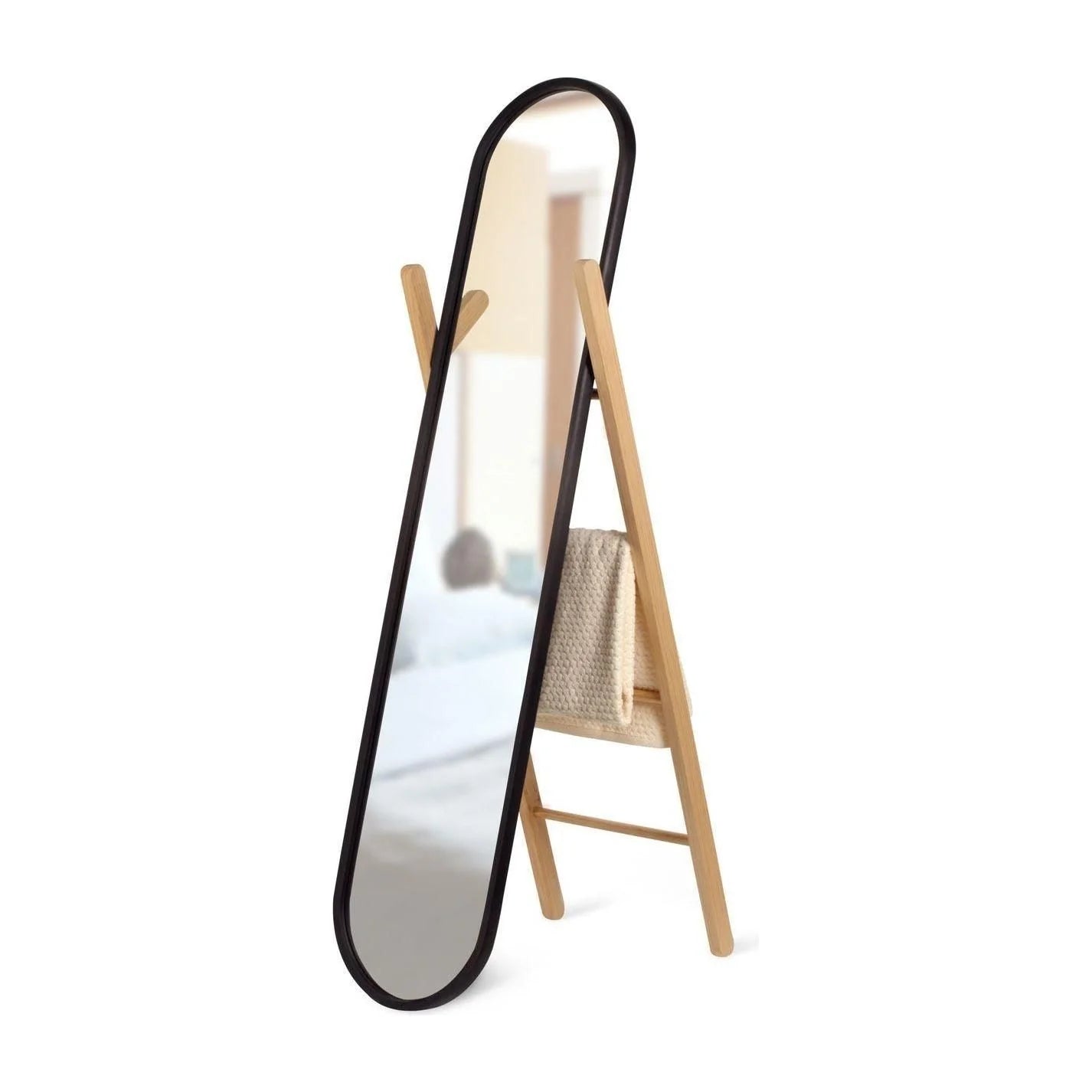 Space-saving freestanding mirror with storage hooks and towel rack