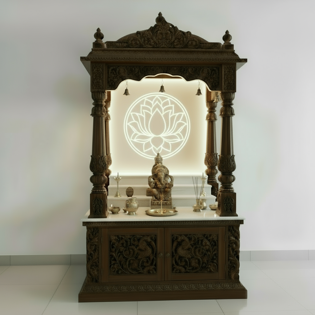Luxury solid wood home temple with brass bells and arched top handcrafted in India.