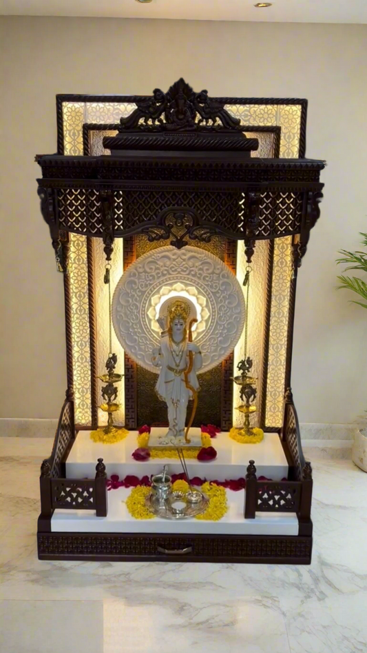 Handcrafted traditional wooden pooja mandir with intricate carving, LED backlit floral panel, and storage drawer – elegant temple for home decor.