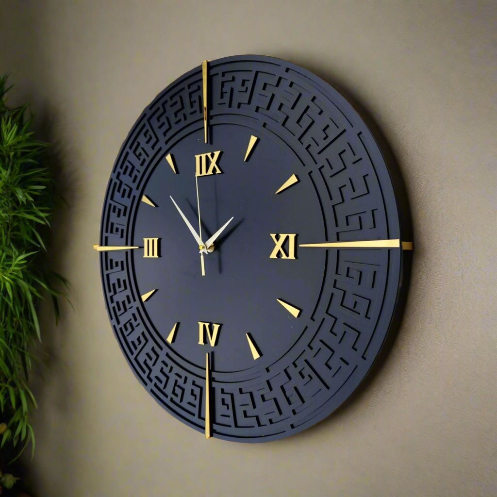 Luxury Deep Iris and Gold Roman Numeral Wall Clock - Modern Decorative Clock for Home and Office | Elegant Wall Clock with Intricate Pattern Design