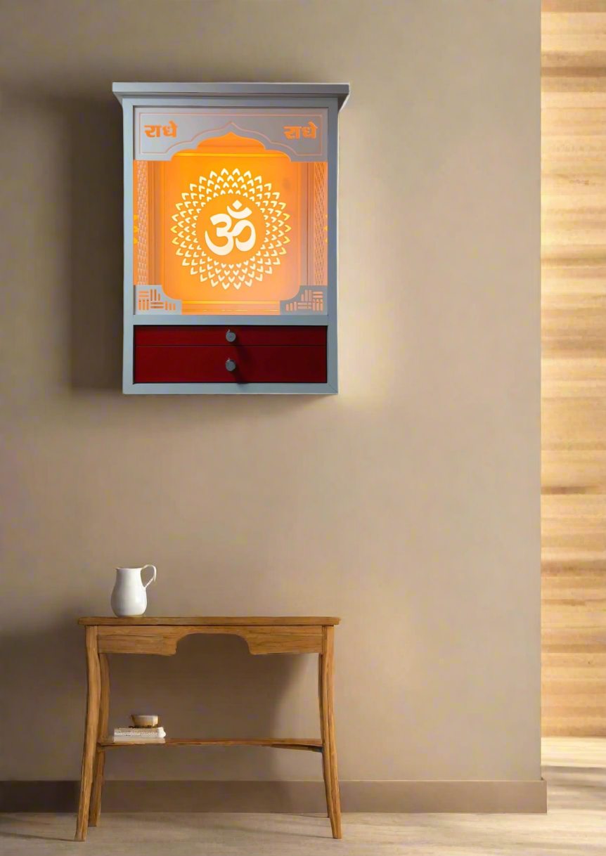 A sleek and modern prayer unit with a divine Om pattern, built-in lighting, and convenient storage. Enhances the spiritual ambiance of any space.