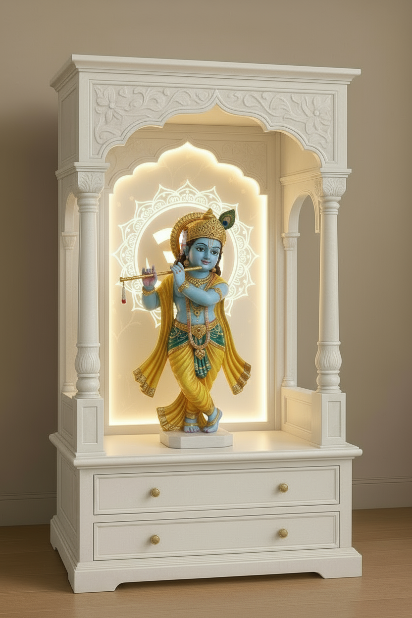 Modern yet traditional pooja mandir in teakwood with glowing Corian OM background and handcrafted detailing.