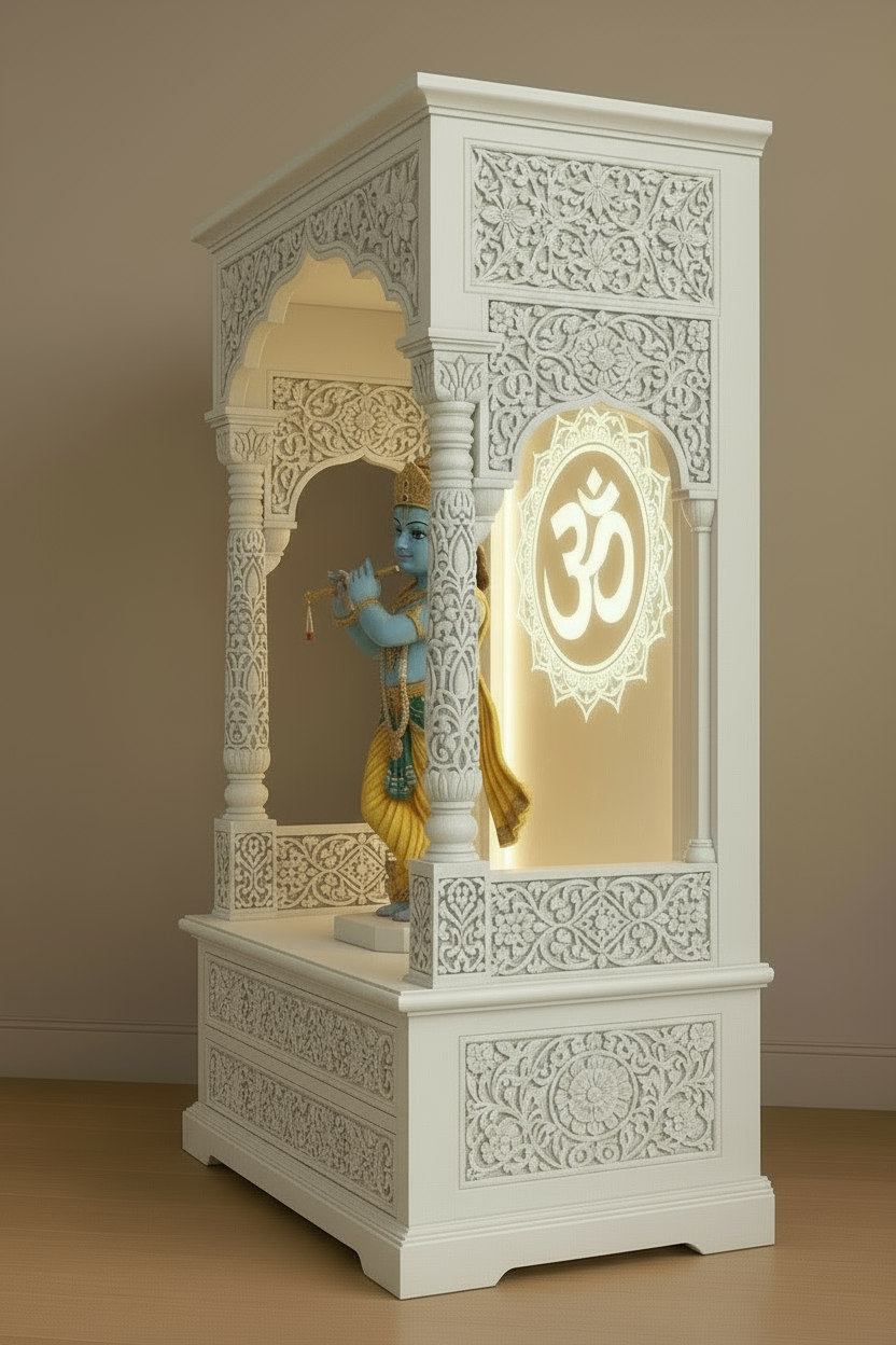 Carved wooden temple for home with LED backlit OM design, ideal for placing Krishna or Ganesha idol.