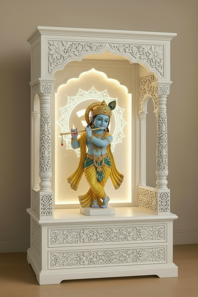 Luxury wooden pooja mandir design with illuminated Corian OM panel and brass diya setup for peaceful home interiors.