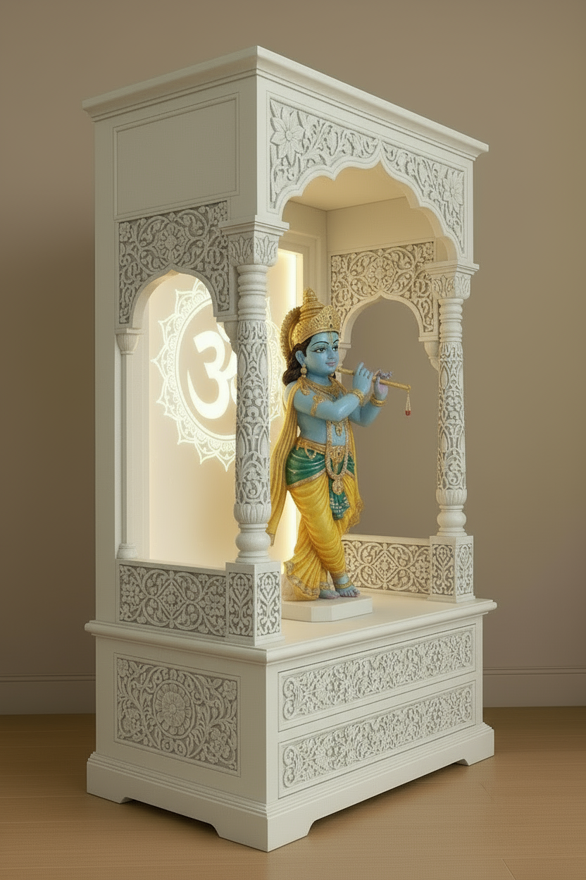 Elegant wooden home temple with Corian OM light panel and smooth finish drawers, designed for pooja room or living space worship.