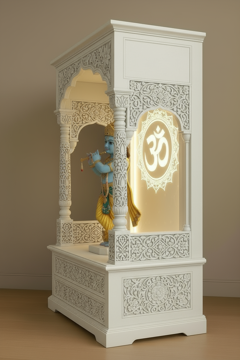 Traditional teakwood mandir with intricate hand carvings, glowing OM Corian back panel, and space for deity idols.