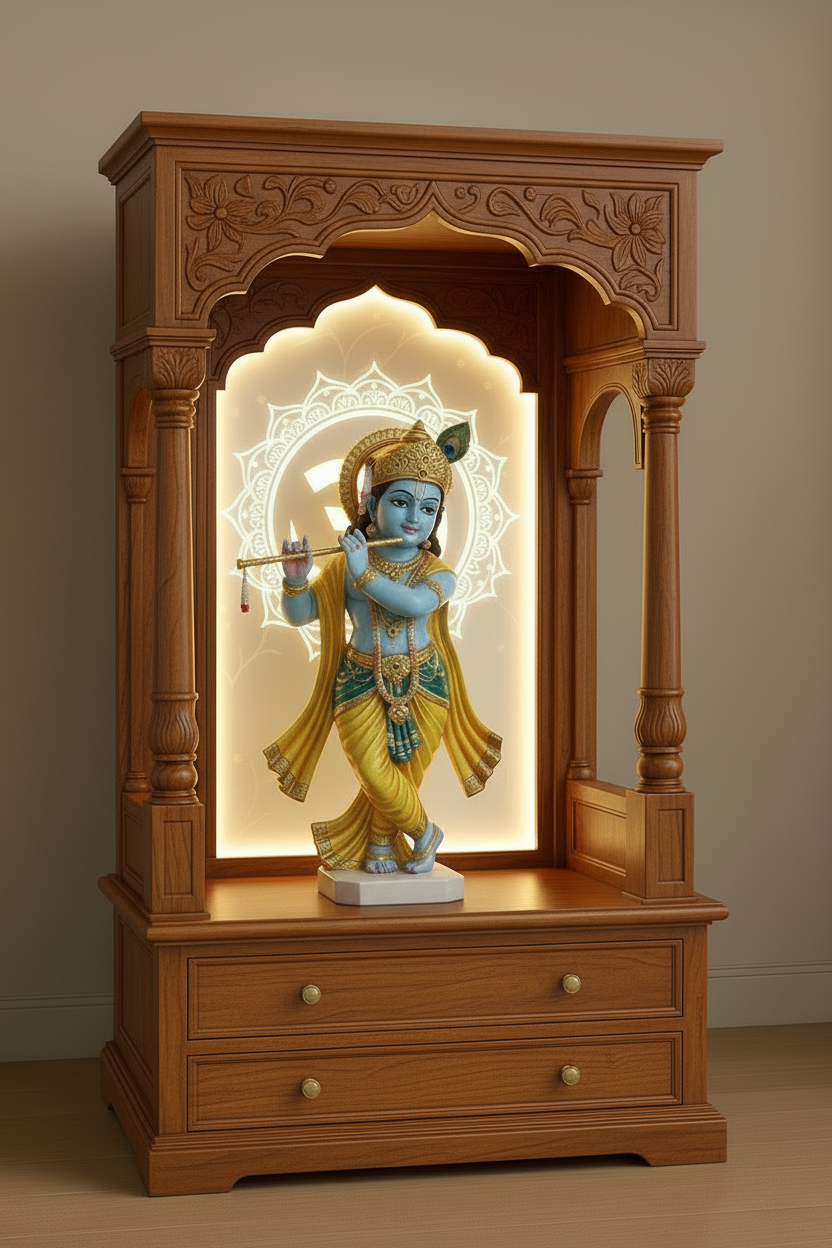 Brown teakwood pooja mandir with intricate hand carvings and LED backlit OM panel for elegant home temple decor.