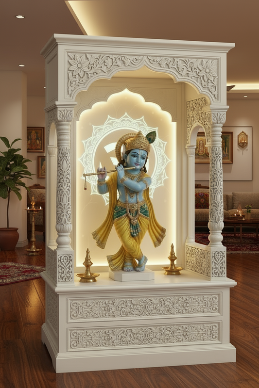Handcrafted teakwood pooja mandir with Corian OM back panel and LED lighting, featuring detailed floral carving and Krishna idol for home temple decor.