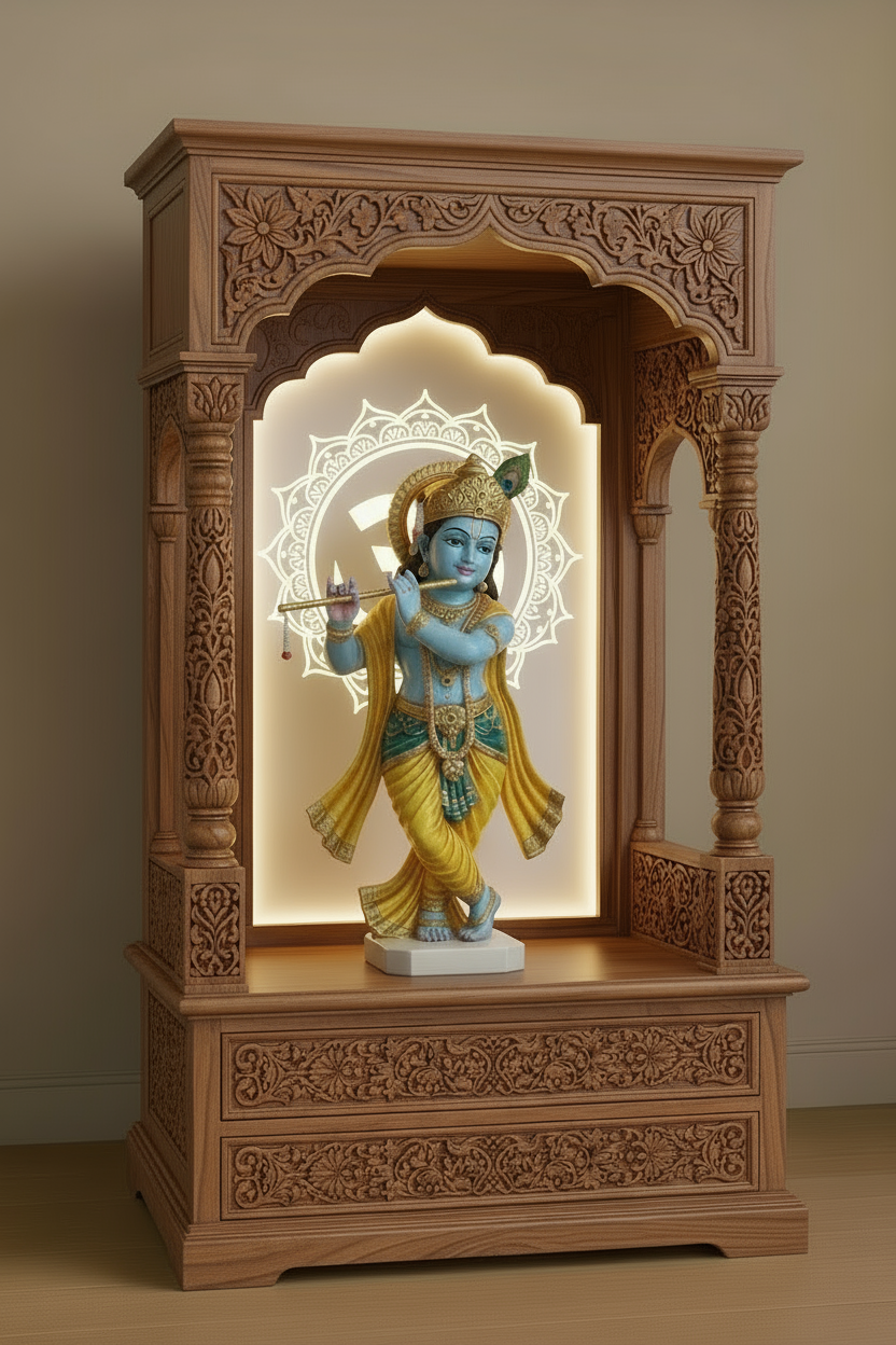 Classic brown wood mandir with detailed floral carving and illuminated OM design for a traditional yet modern look.