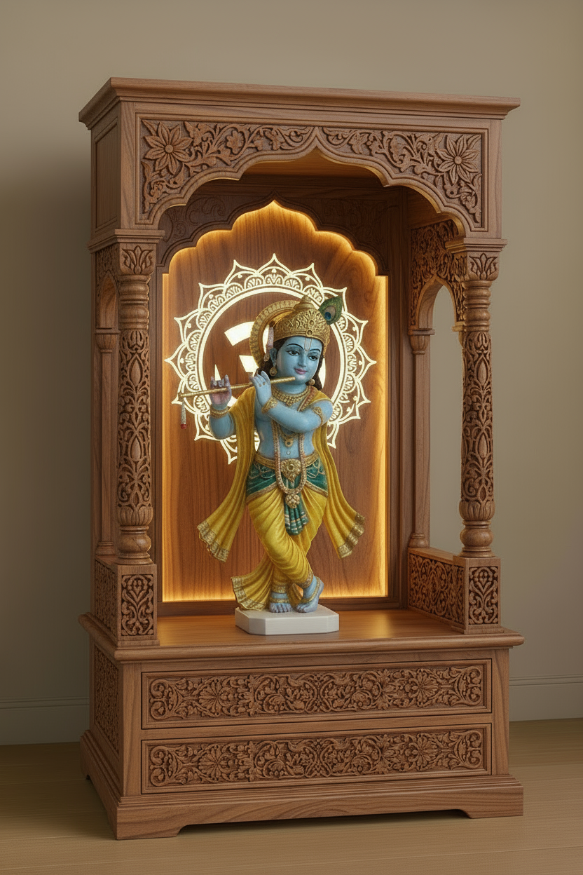 Handcrafted brown wooden temple with glowing Corian OM back panel, perfect for pooja room or living area worship.