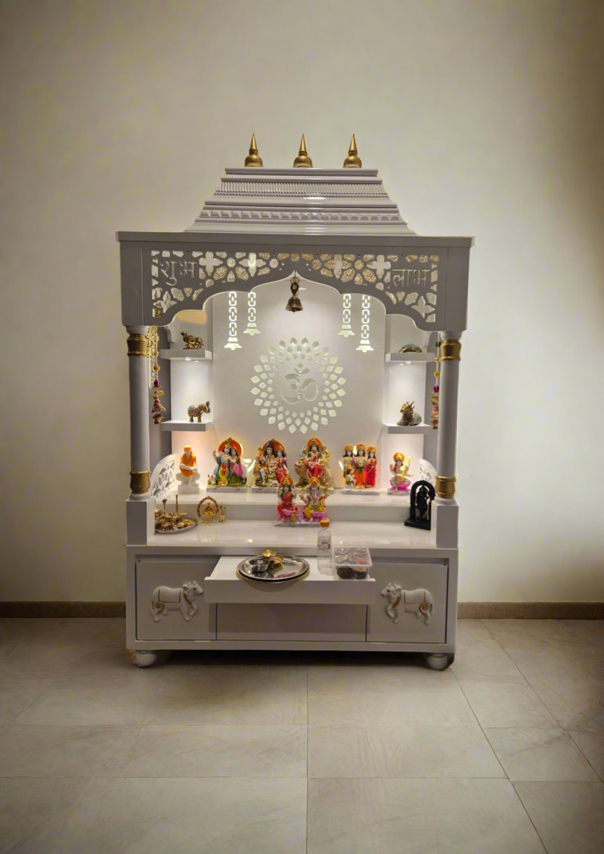 White wooden pooja mandir with LED lights and intricate carvings – handcrafted Indian home temple