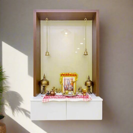 Pooja Mandir Wooden Temple White & Brown Wood Modern Design - Modern Wall-Mounted Pooja Mandir with Wooden Frame and Brass Bells (48 Inches)