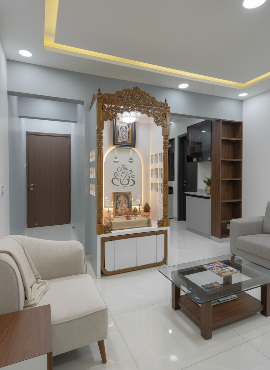 Contemporary home temple design combining teakwood craftsmanship with acrylic panel and LED lighting