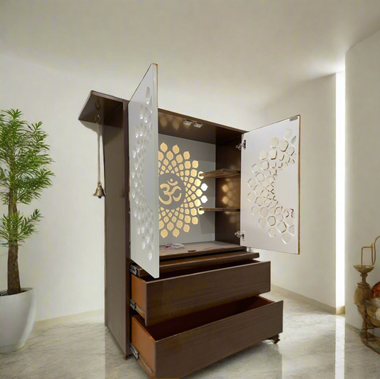 Modern wooden pooja cabinet with laser-cut Om symbol and decorative panels, featuring spacious drawers and shelves for organized worship essentials.