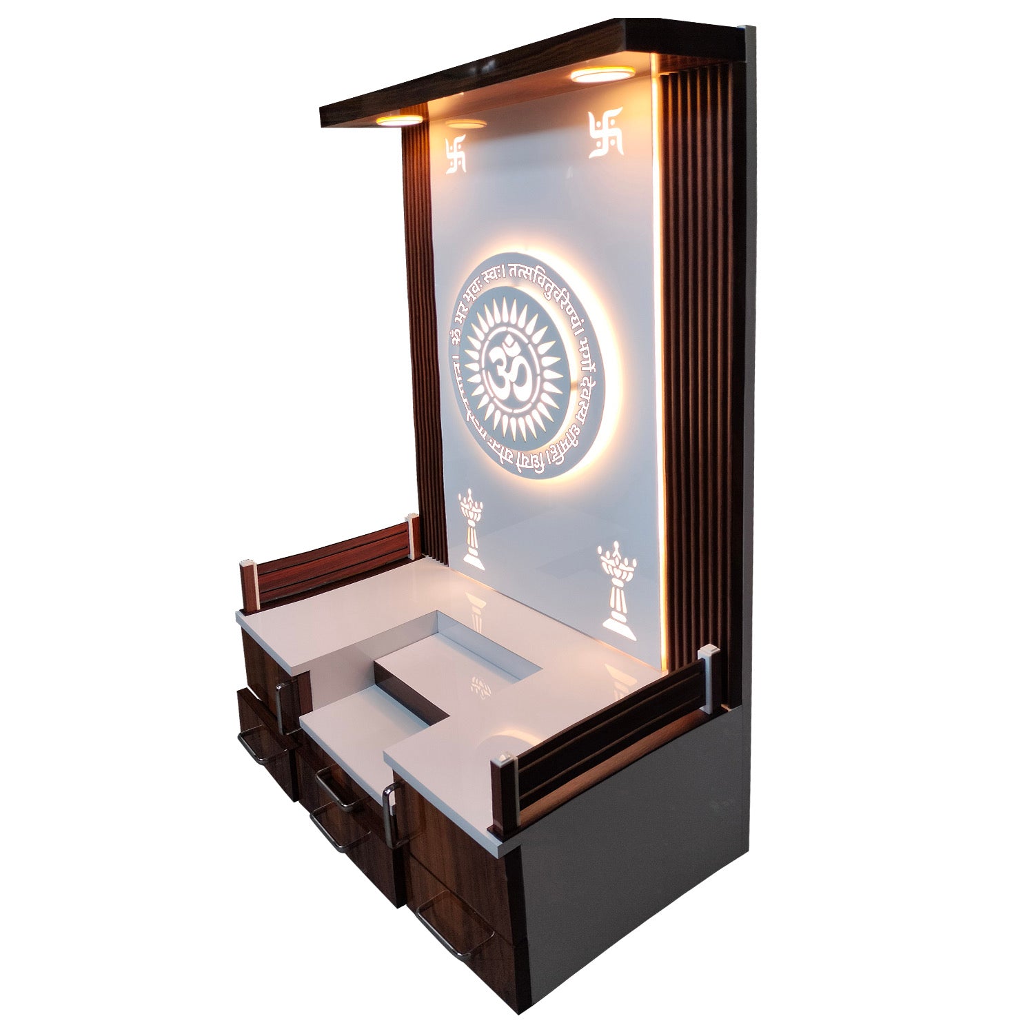 Modern home temple with storage compartments and illuminated Om artwork