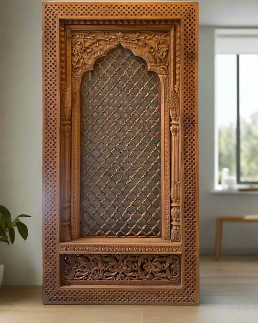 Handcrafted Teakwood Wooden Jharokha Window Frame with Intricate Carving – Traditional Rajasthani Wall Décor