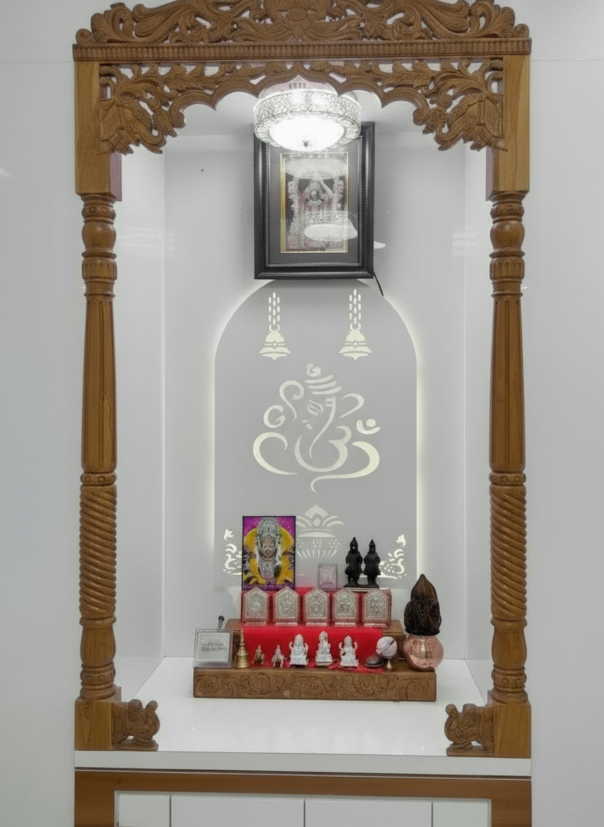 Handcrafted teakwood and white acrylic mandir with decorative top and modern spiritual design