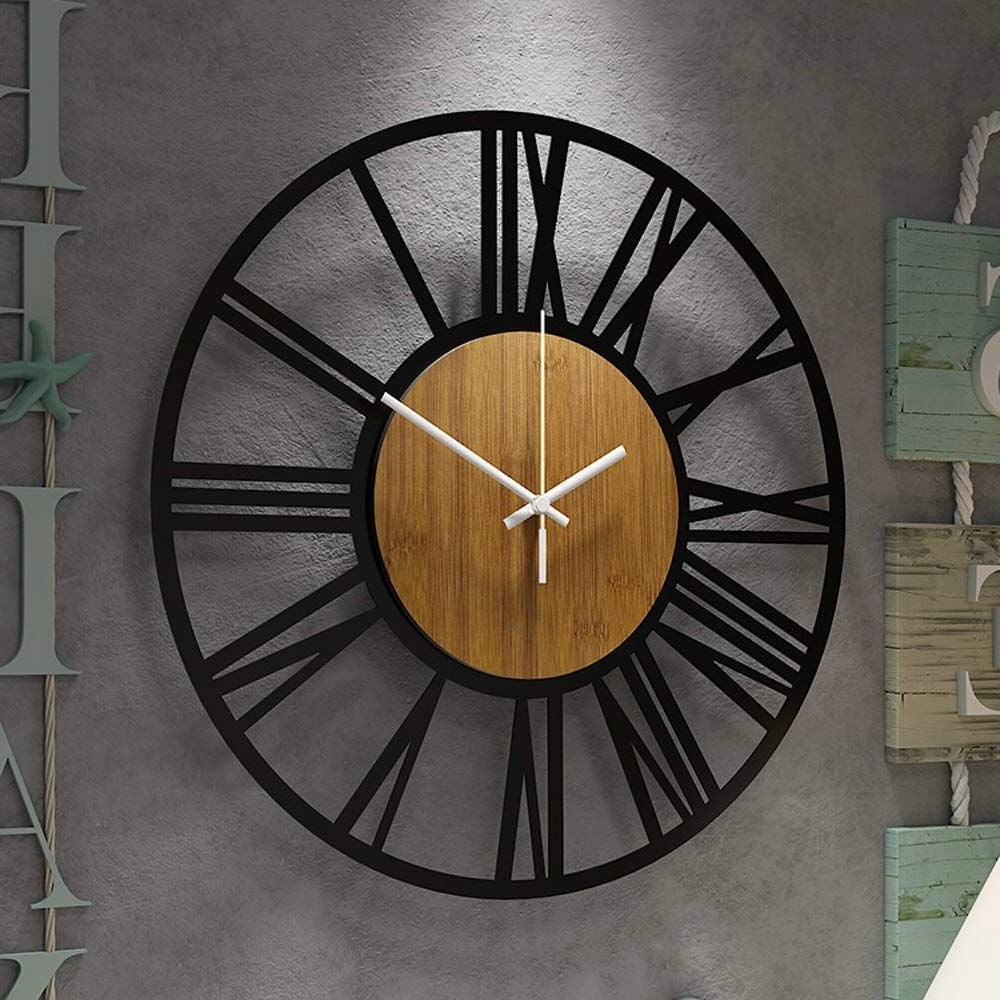 Modern Rustic Wall Clock with Roman Numerals and Wooden Center – Stylish Home Décor