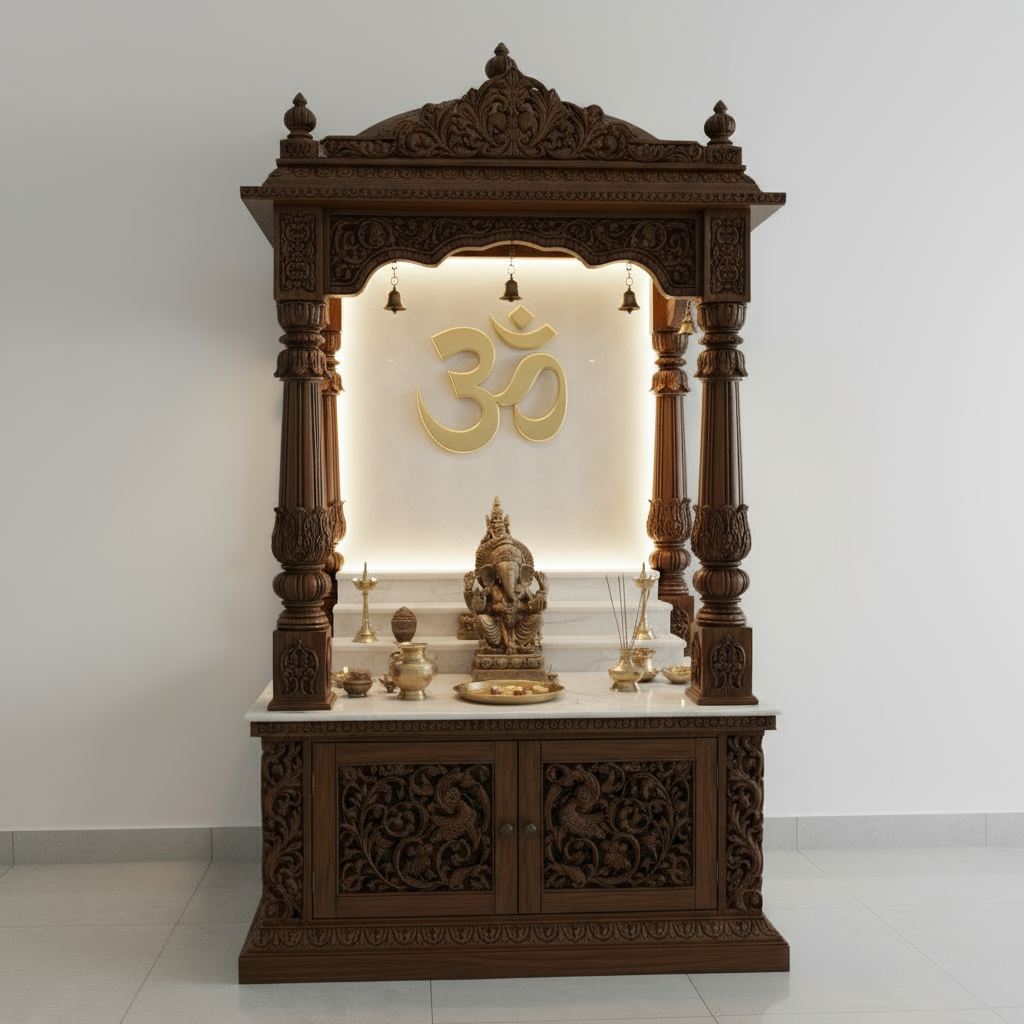 Premium handcrafted wooden pooja mandir with rich carved pillars and marble base for home temple décor.