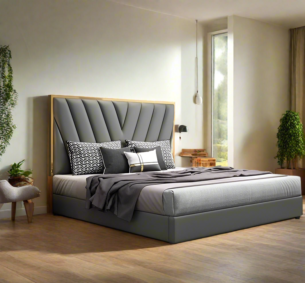 Luxury Modern Upholstered Bed with Geometric Headboard Design and Gold Accents Elegant Bedroom Design