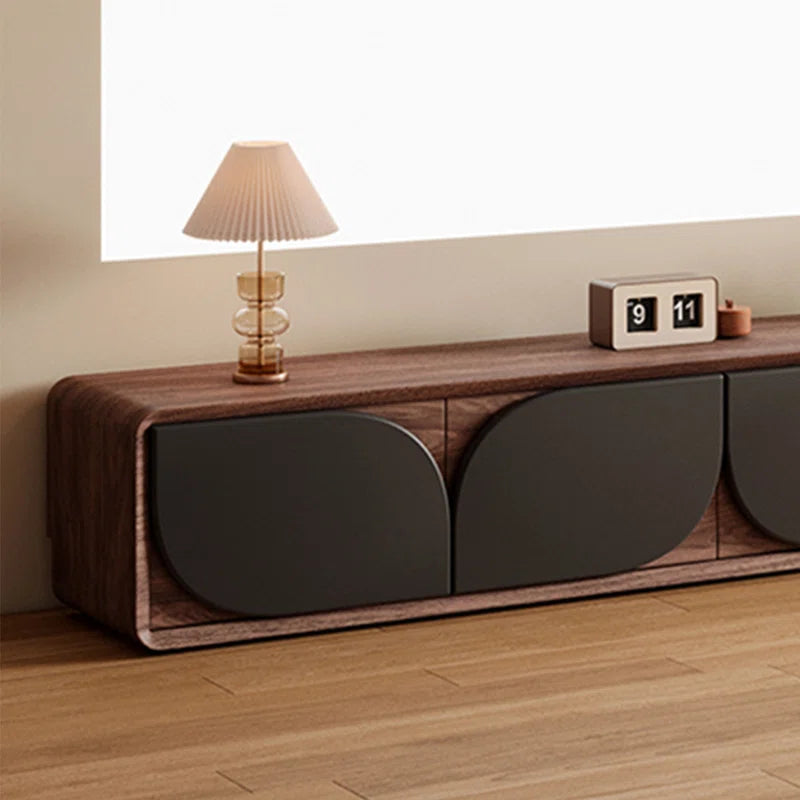 Luxury American Walnut Wood TV Cabinet with Modern Minimalist Design – Imported Media Console Unit | Contemporary TV Cabinet with Black Curved Doors | Media Console for Elegant Living Rooms