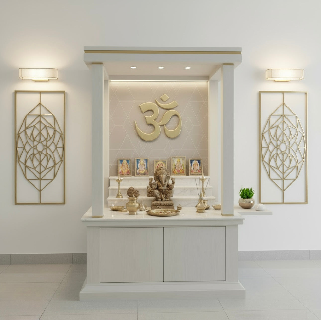 Full front view of handcrafted wooden pooja mandir with Om design, Lord Ganesha idol, LED lighting, and white marble finish base – perfect for apartment or villa décor.