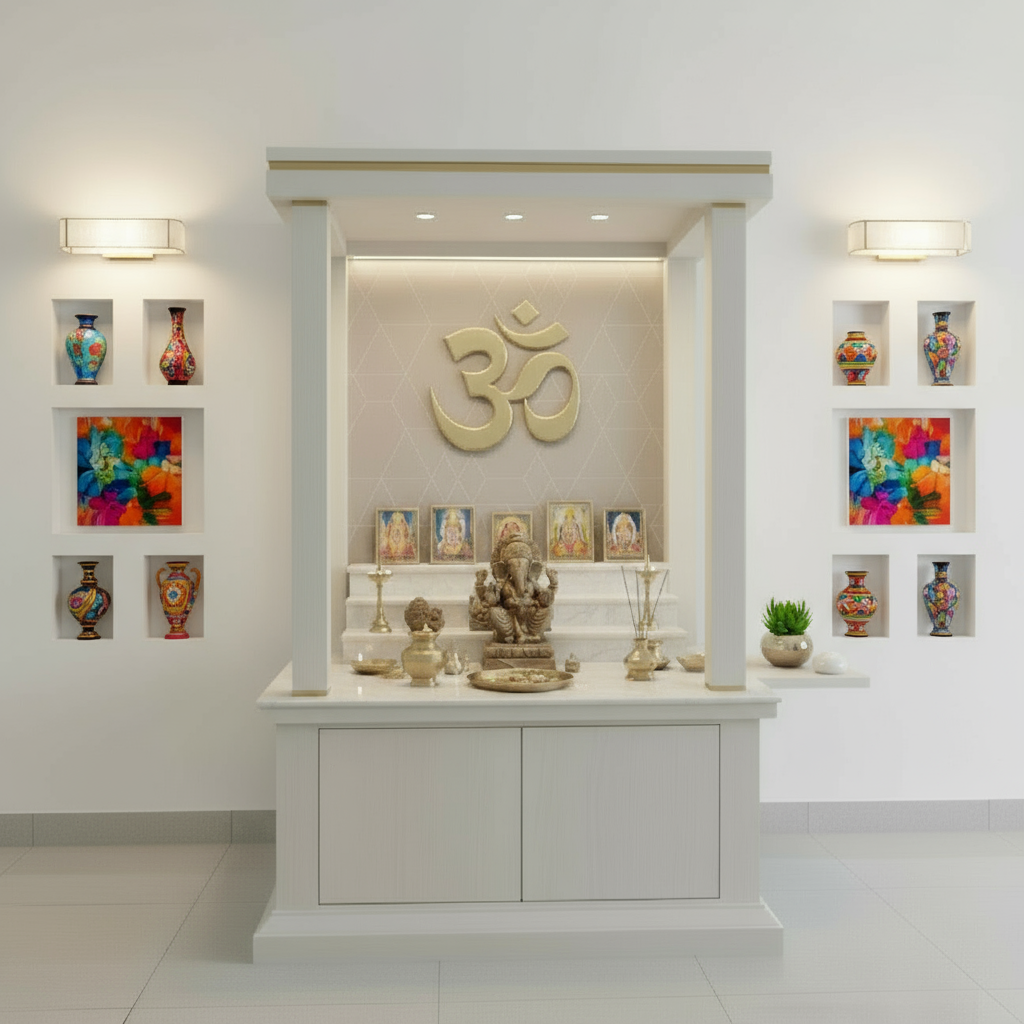 Elegant white wooden pooja mandir with golden Om design, brass diya set, and Lord Ganesha idol – modern home temple with warm lighting and minimal wall décor.