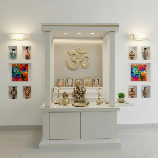Elegant white wooden pooja mandir with golden Om design, brass diya set, and Lord Ganesha idol – modern home temple with warm lighting and minimal wall décor.