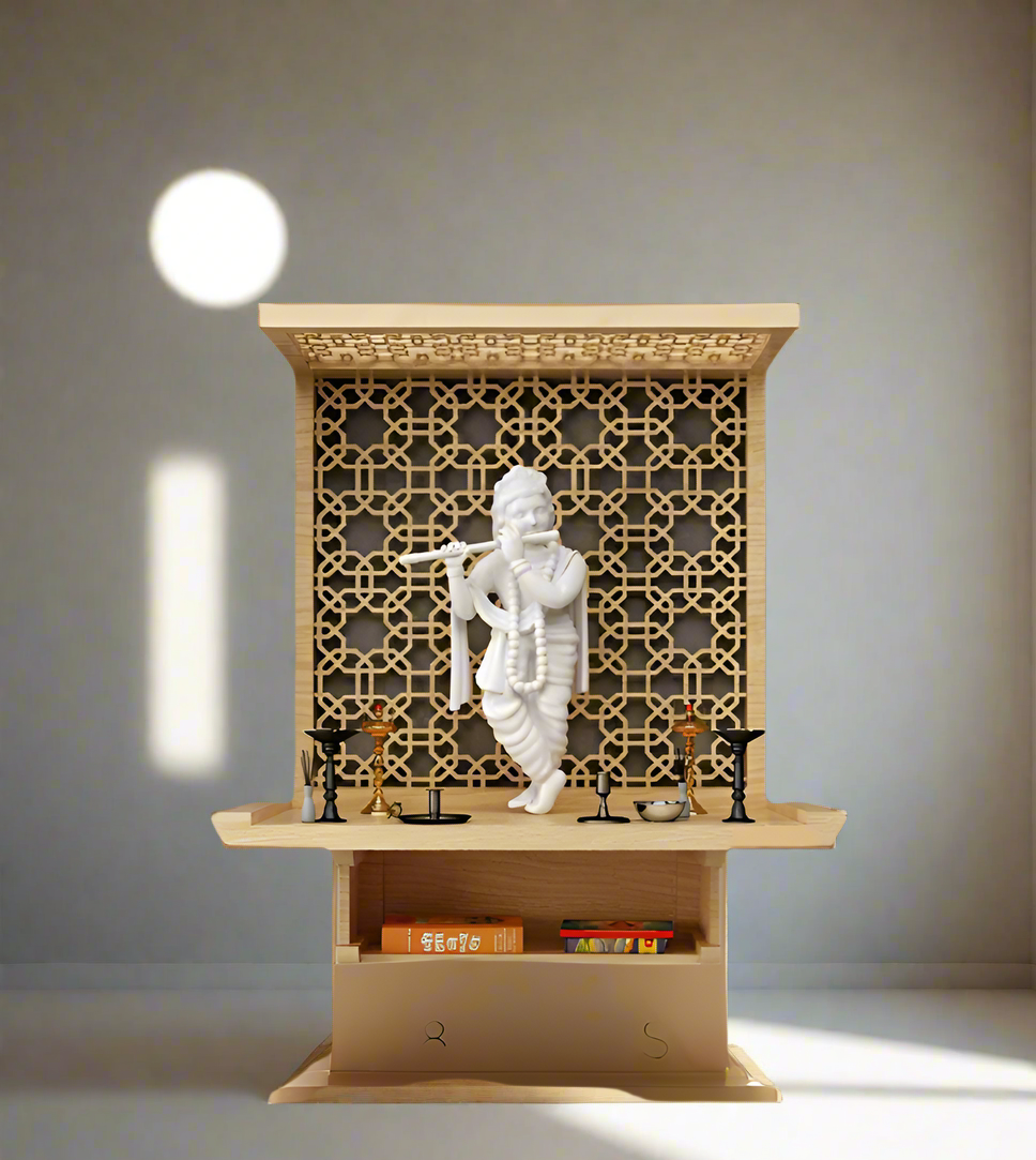 A perfect sacred space with intricate woodwork, a spiritual Krishna statue, and ample storage. Designed for a peaceful and divine atmosphere.