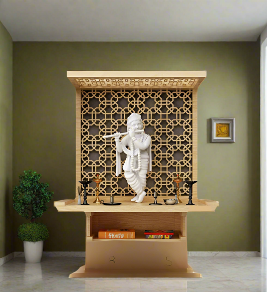 A premium handcrafted home temple with a stunning jali backdrop, Krishna idol, and spacious storage. Ideal for enhancing your prayer space with elegance.