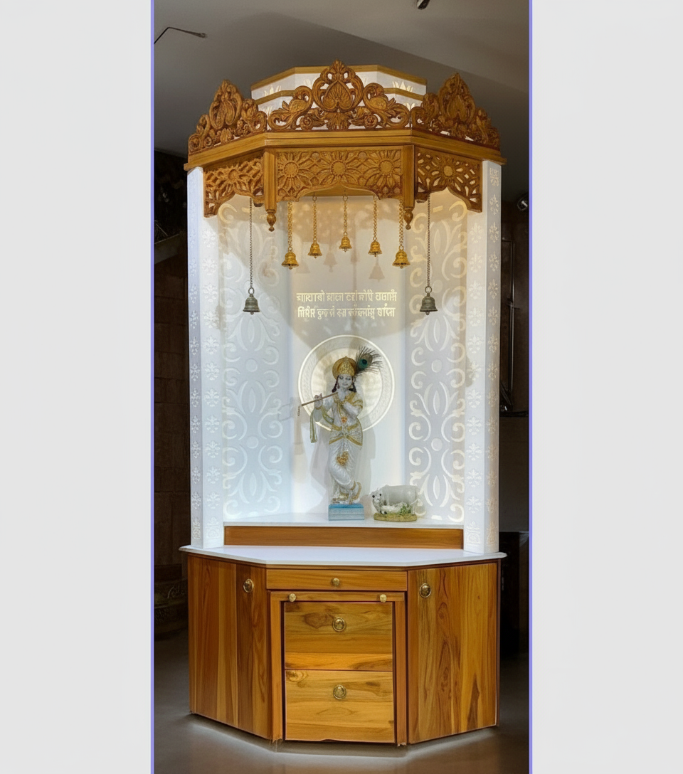 Modern pooja mandir in solid teak wood with decorative Corian backlit panel, LED lighting, and ample storage drawers.