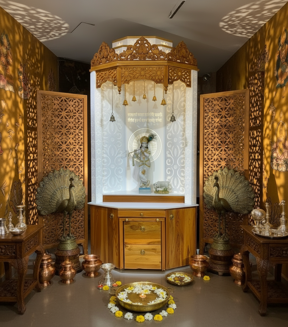 Modern teak wood home temple with Corian backlit panel and brass bells, featuring LED illumination and drawer storage for pooja essentials.