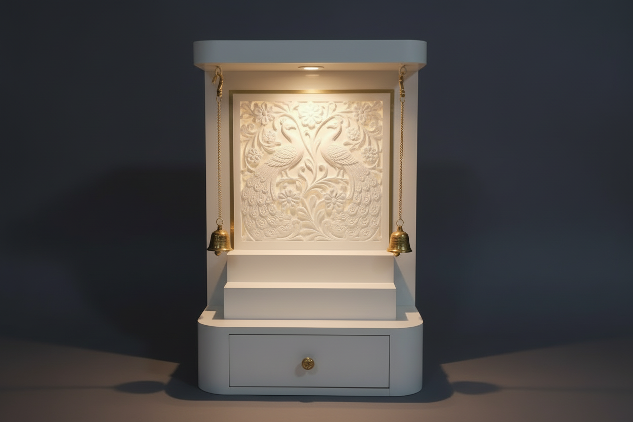 White wooden pooja mandir for home featuring peacock carving, LED backlight and traditional hanging bells