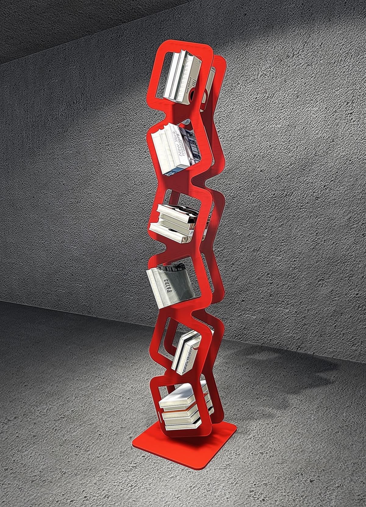Modern red zigzag vertical bookshelf with geometric compartments, filled with books, standing against a textured gray wall.
