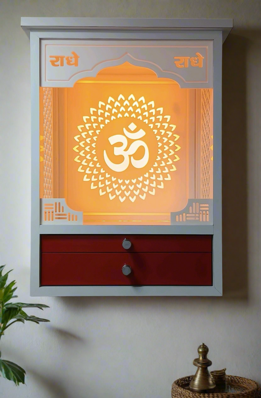 Elegant and compact wooden temple with a glowing "Om" symbol, perfect for home worship. Features storage drawers and intricate laser-cut design. Ideal for small spaces.