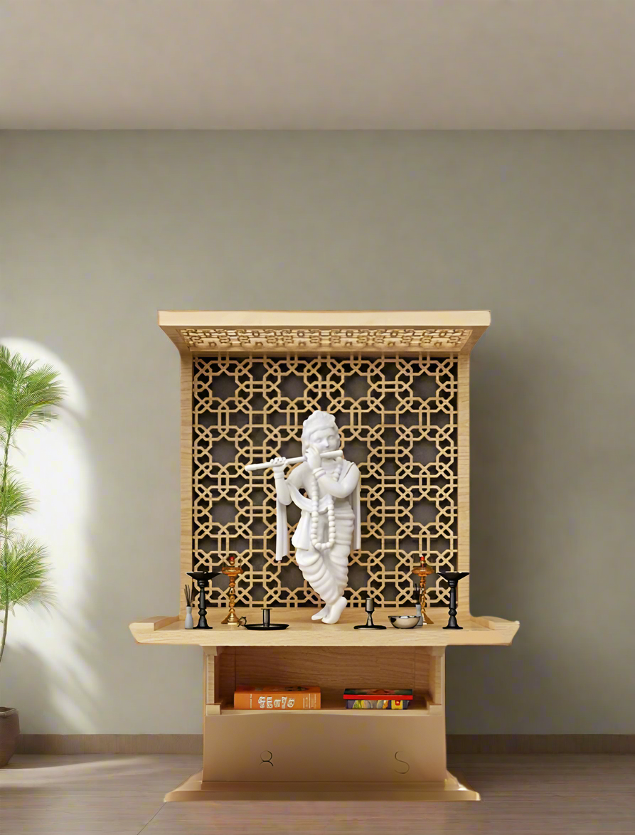 This stunning wooden temple features a divine Krishna idol, detailed jali craftsmanship, and functional storage for a serene and organized worship area.
