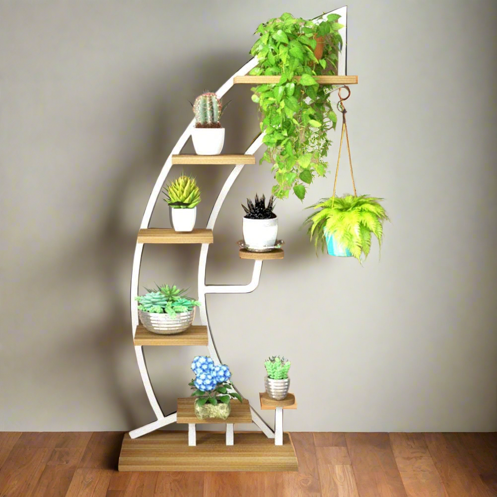 Half Ample Plant Stand/Storage Shelves Wood & Metal - Modern Curved Wooden Plant Stand with Multiple Tiers for Indoor Decoration