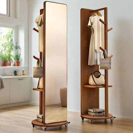 This Teakwood Rotating Full-Length Floor Mirror with Storage and Wooden Design | 360° Rotating Wooden Full-Length Mirror with Storage Shelves and Hangers - Modern Space-Saving Organizer