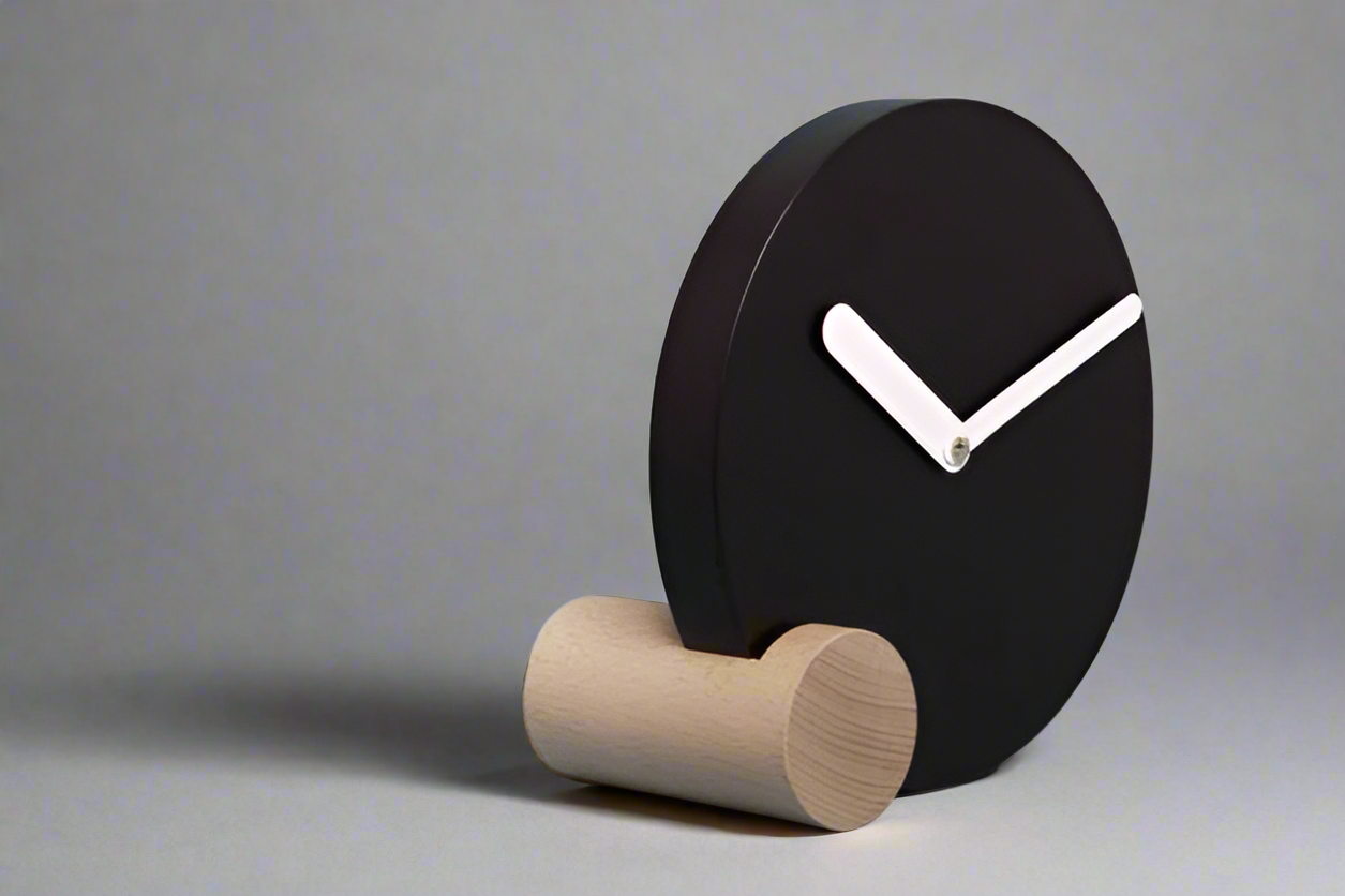 Minimalist Tabletop Clock Showcases A Sleek Black Circular Face - Resting On A Cylindrical Natural Wood Base