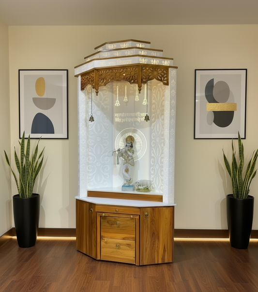 Luxury Wooden Pooja Mandir with Corian Backlit Panel and LED Lighting, handcrafted in premium teak wood for modern home temple décor.