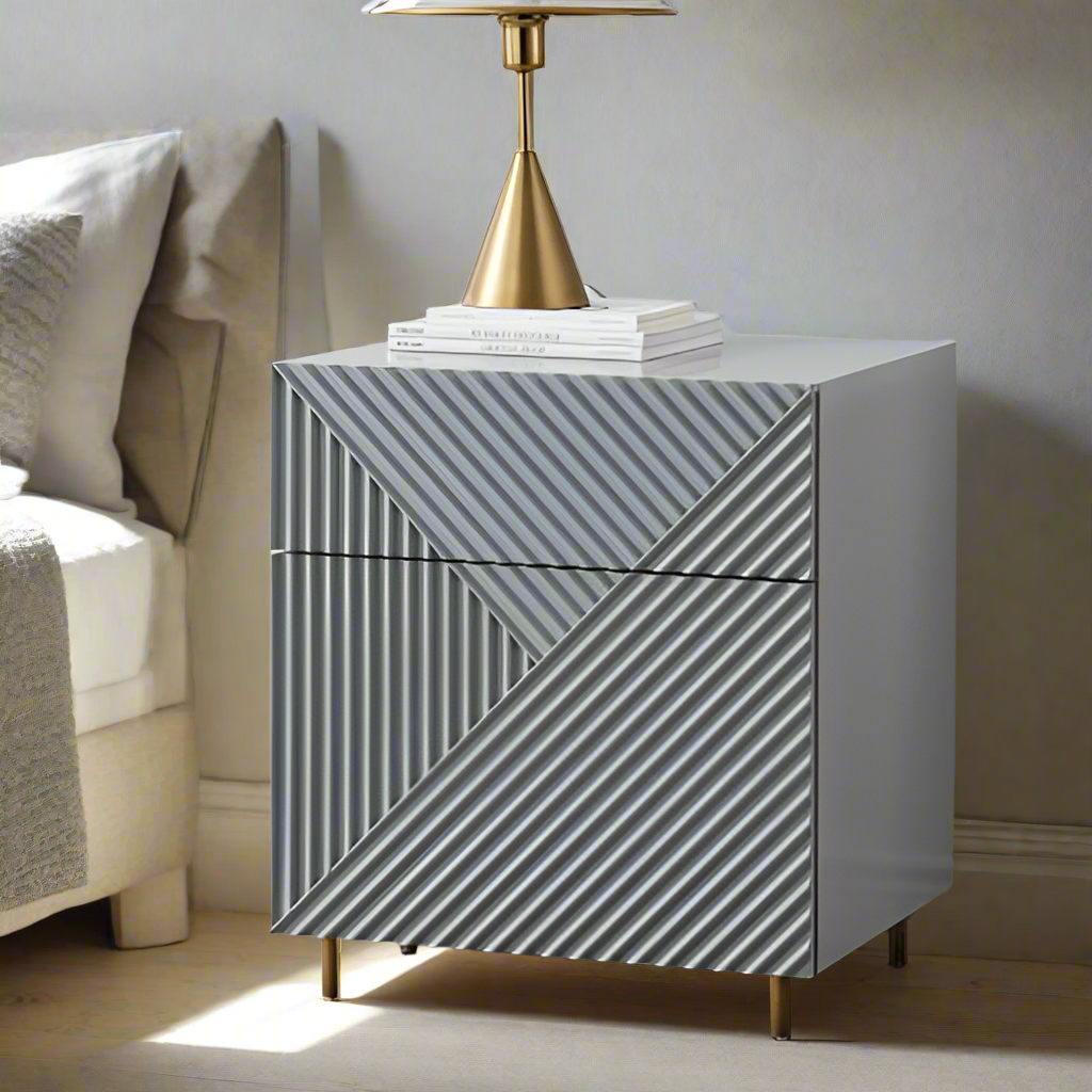 Minimalist Design Bedside Cabinet Table | Modern Design Bedside Table | Modern Geometric Storage Bedside Table with Drawers | Stylish Nightstand for Contemporary Interiors